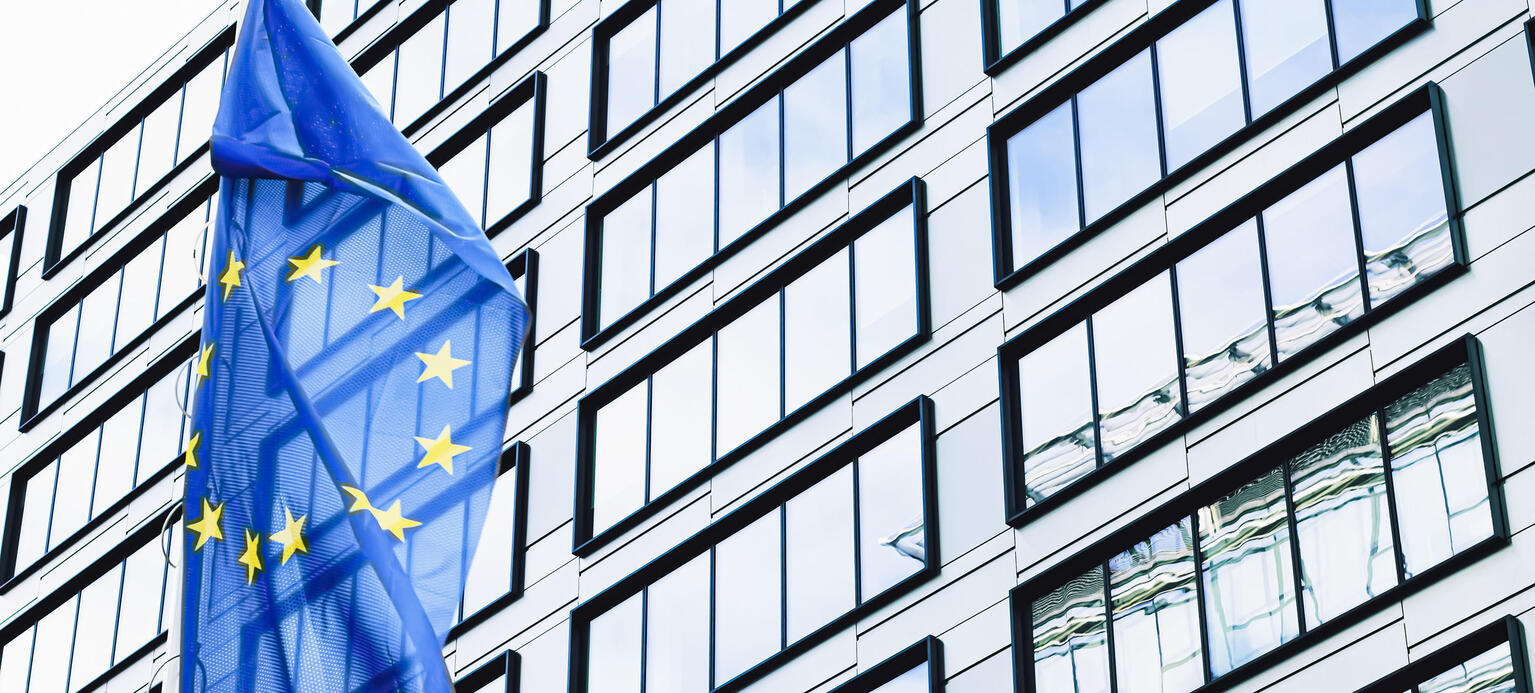 European Union flag waving in front of modern corporate office building, symbol of EU Parliament, Commission and Council. 